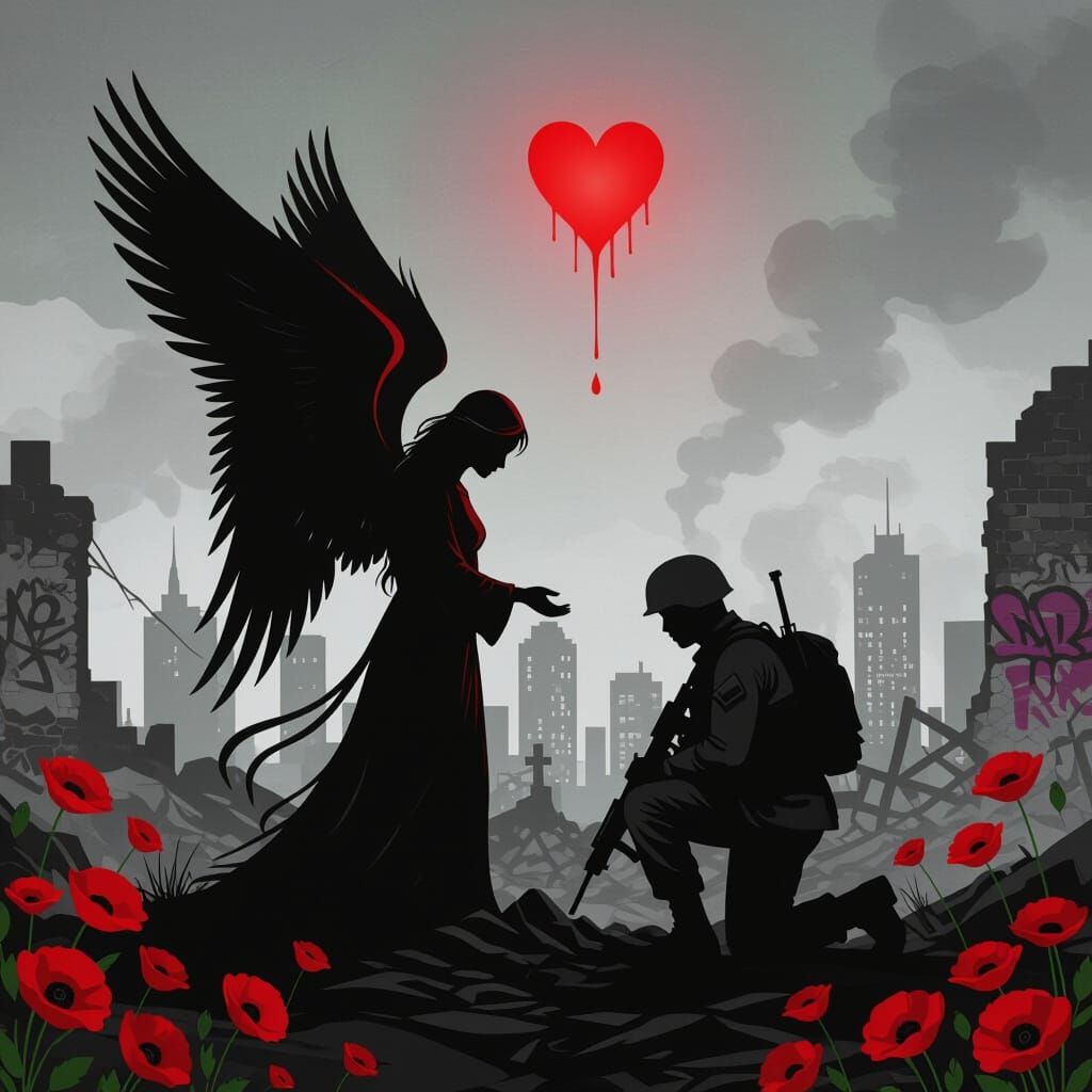 Guardian Angel Over Battlefield Ruins in Graffiti Style