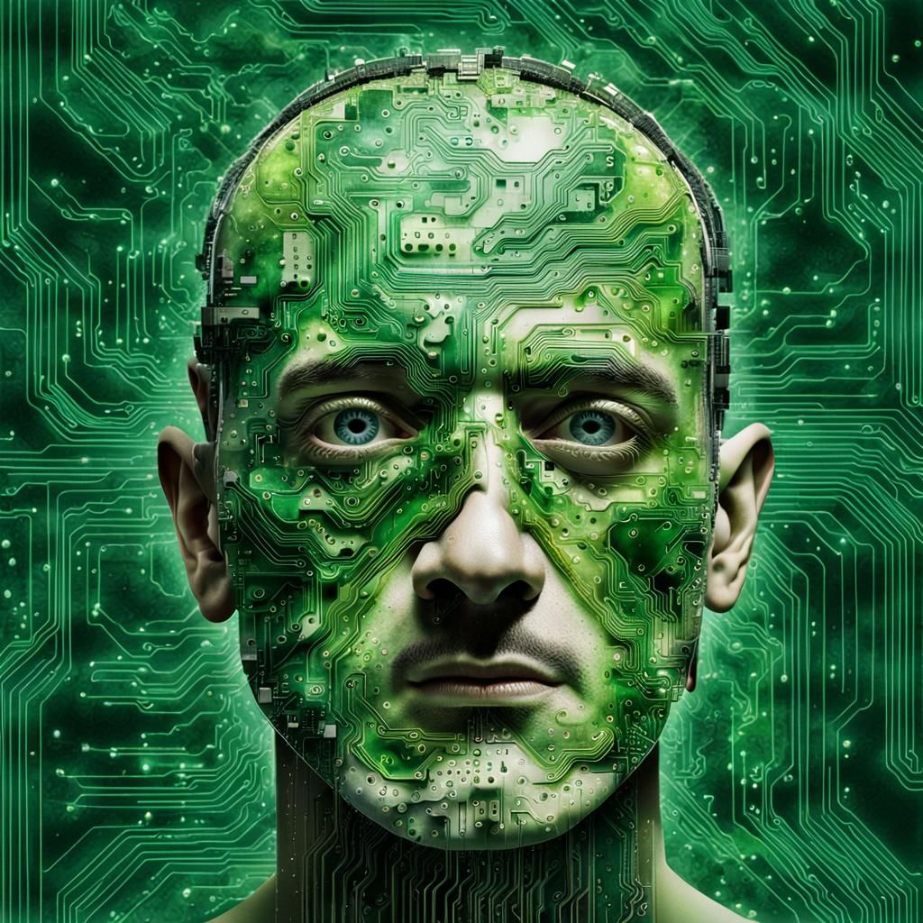 Circuitry Man Portrait with Watercolor Background in 8K