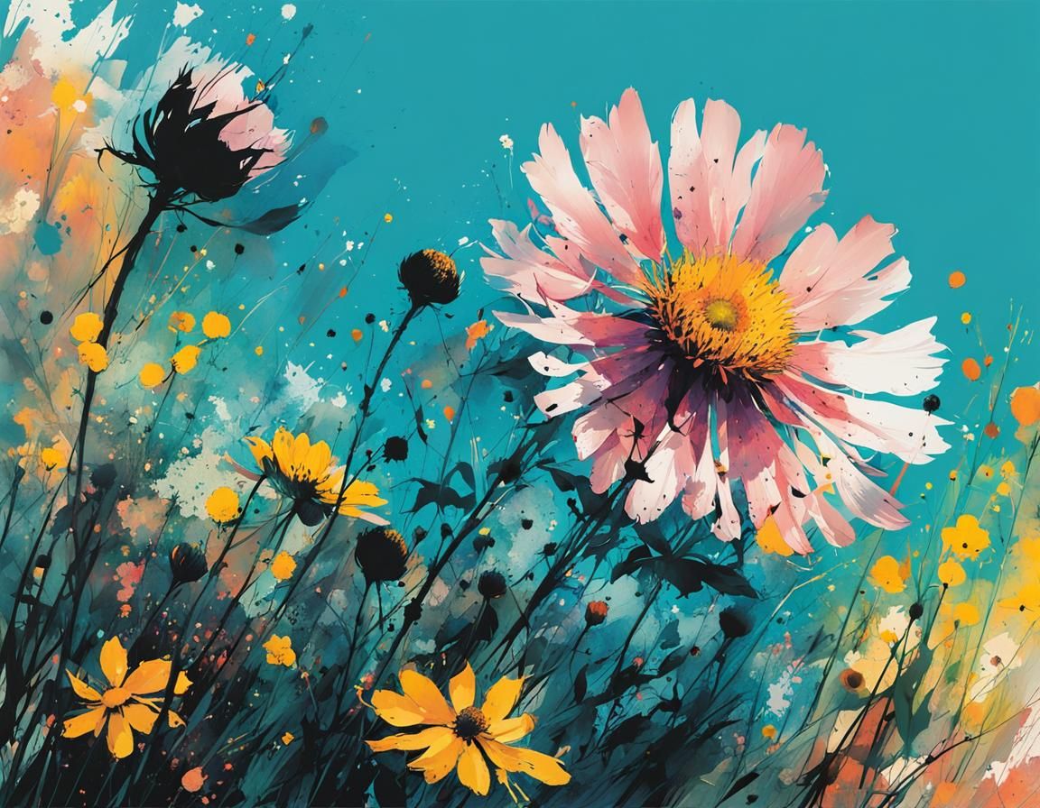 Detailed Wildflowers with Ink Splatter Effects
