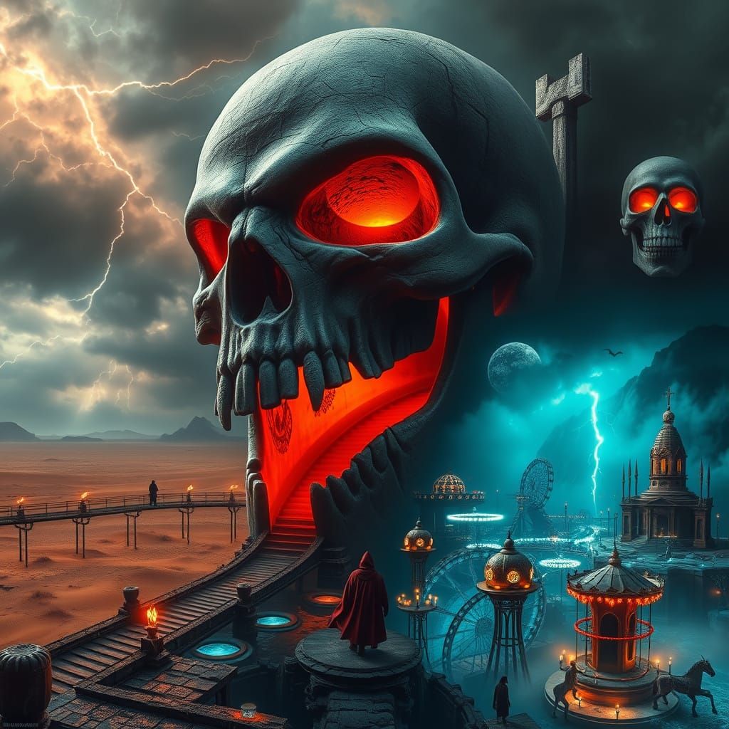 Giant Skull Fortress & Desert Serpent in Stormy Sky