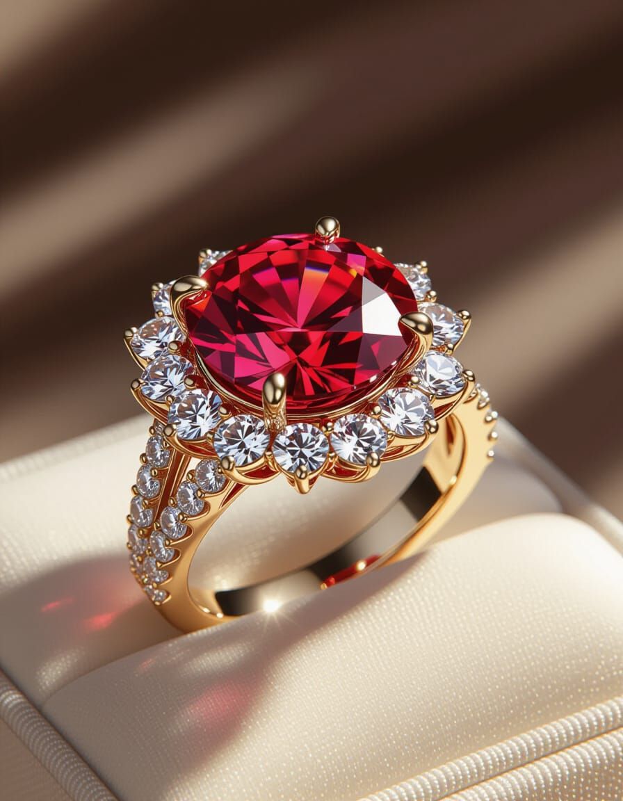 Kingly Ruby Wedding Ring with Diamond Halo