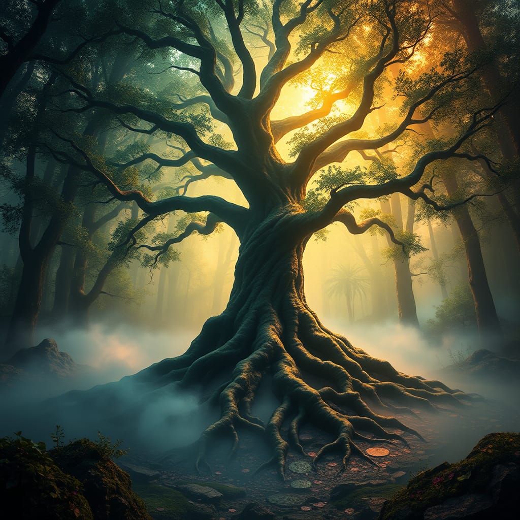 Mystical Root Chakra Tree in Iridescent Forest