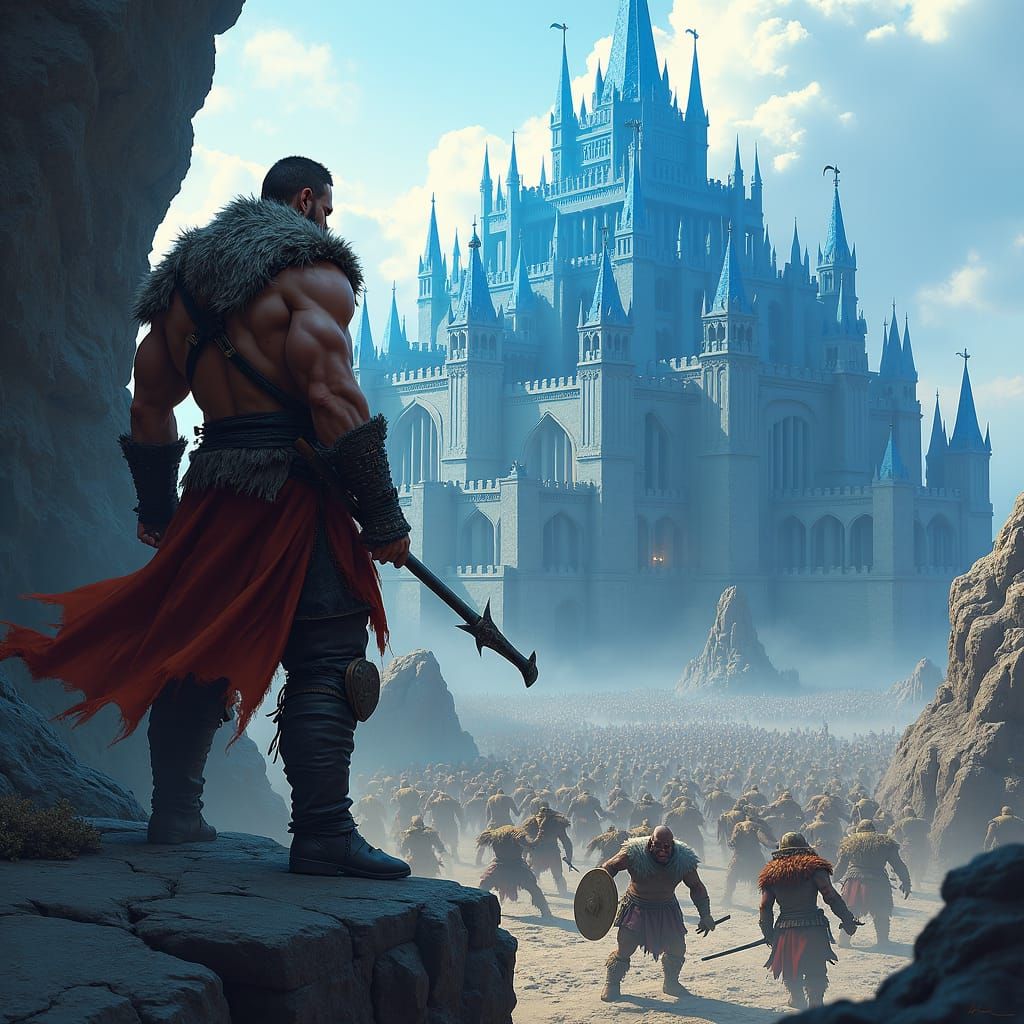 Barbarian Overlooking Orc Army Attacking Blue Castle