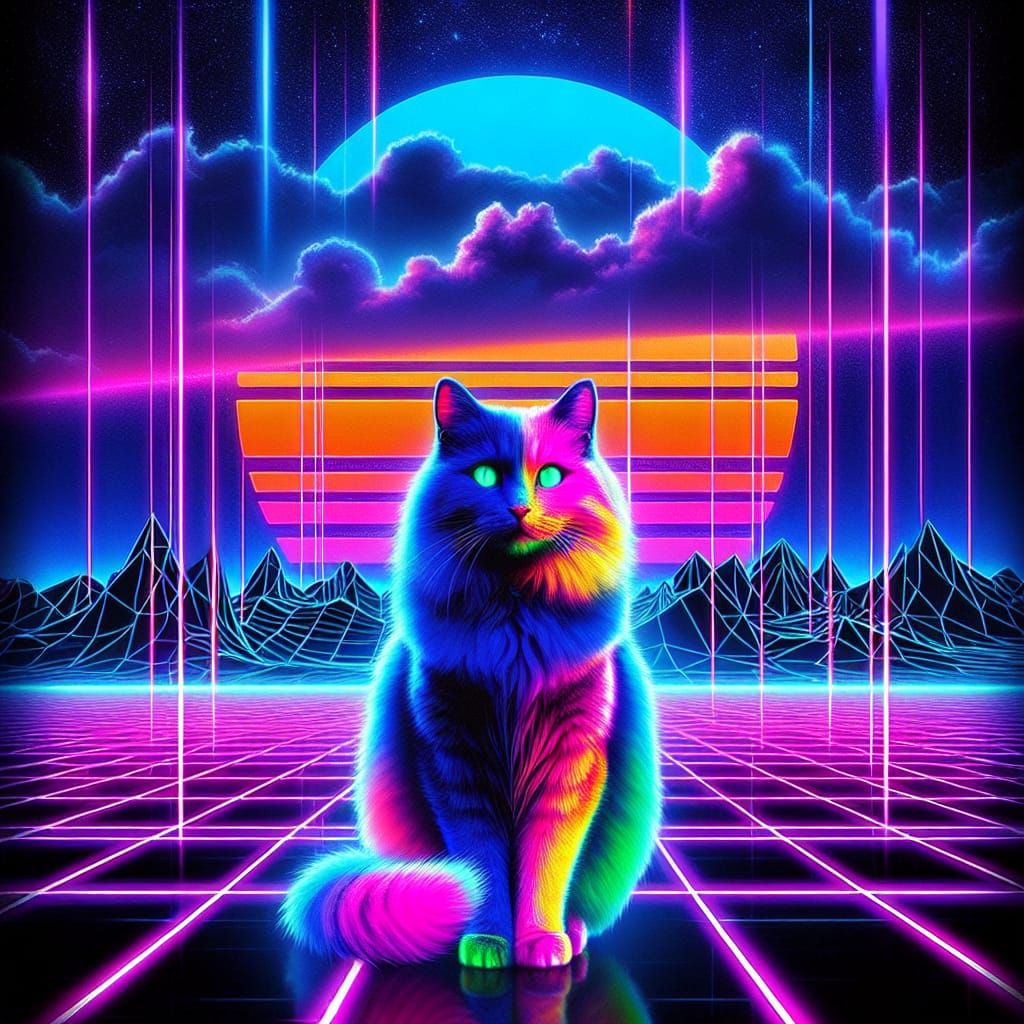Neon Cat Under Blacklight in Retro Synthwave Scene