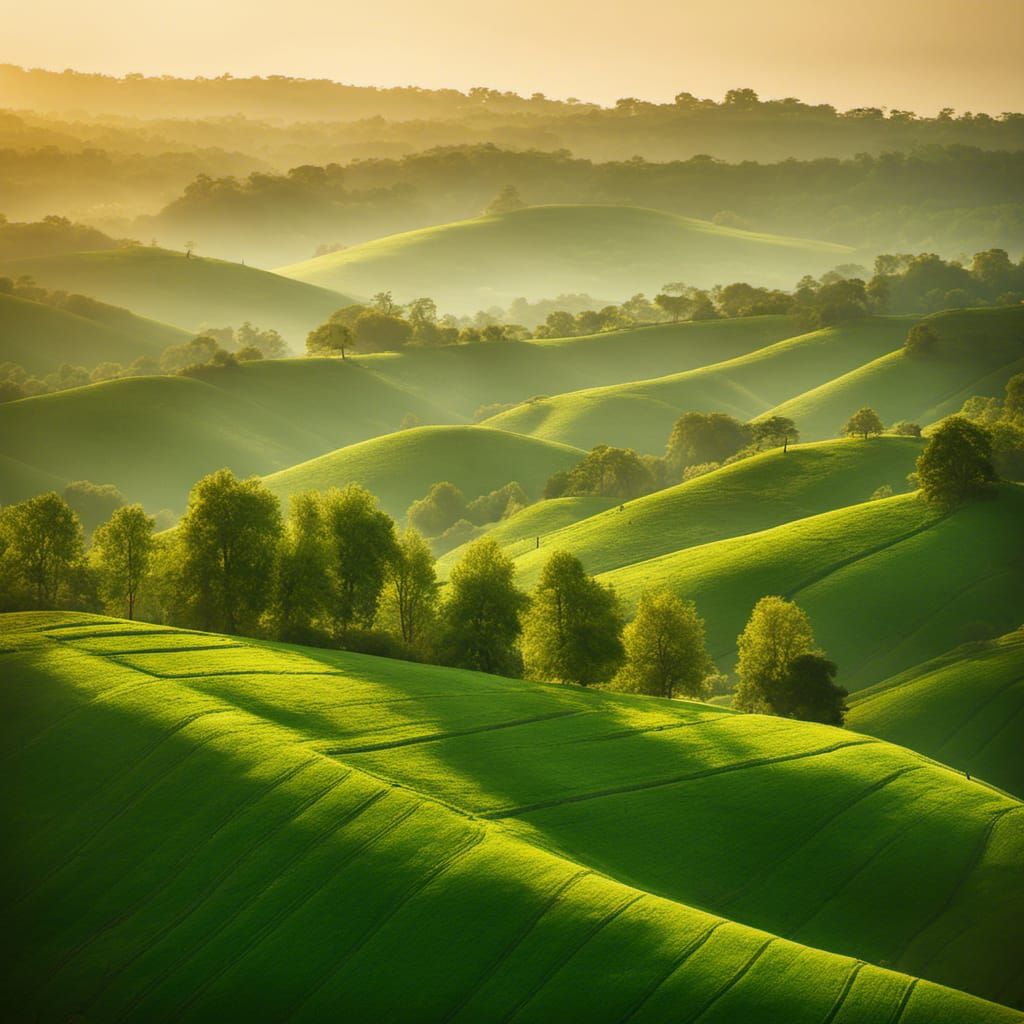 Lush Green Hills Landscape in Golden Hour Light