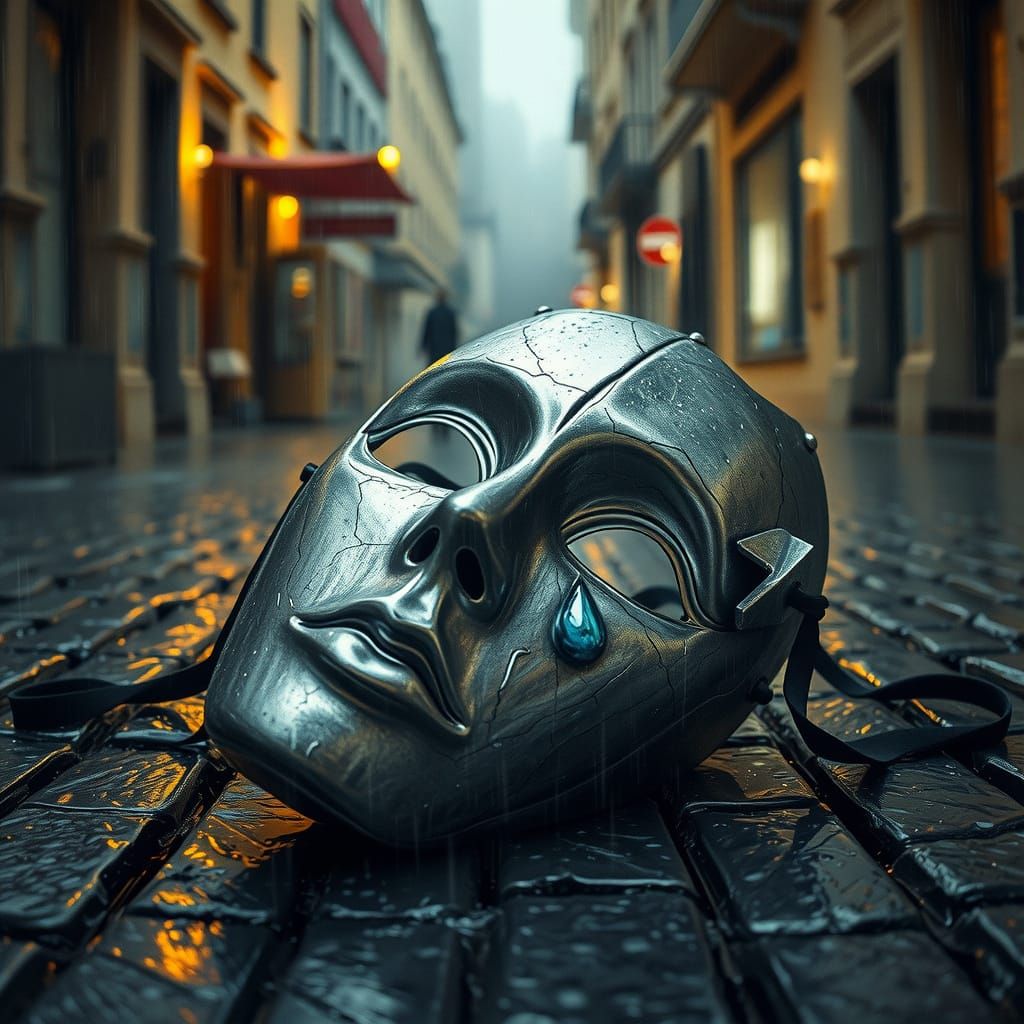 Shattered Silver Harlequin Mask in Rainy Night, Tears of Los...