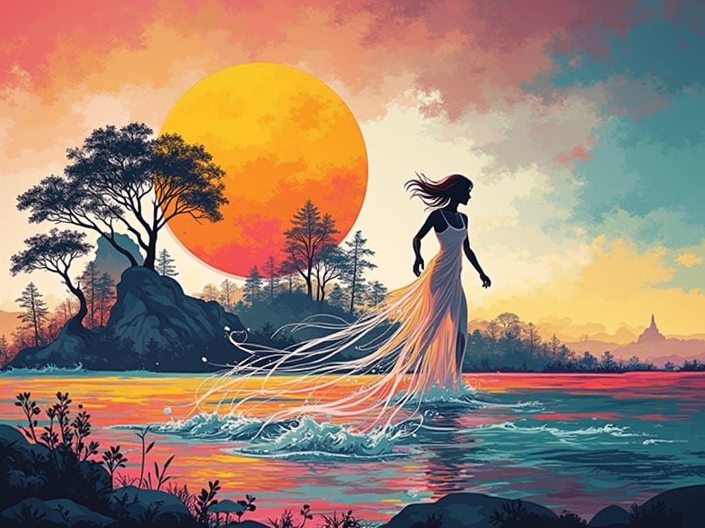 Bioluminescent Woman Ascending Waterfall in Art Nouveau Styl...