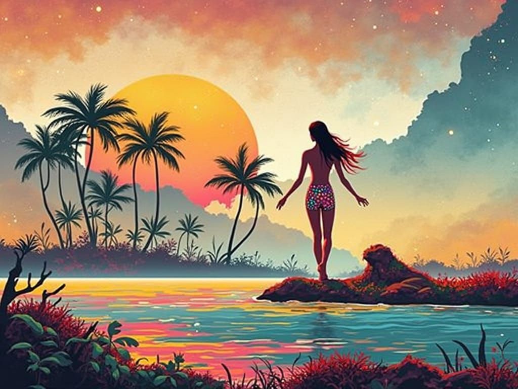 Bioluminescent Woman Ascending Waterfall in Art Nouveau Styl...