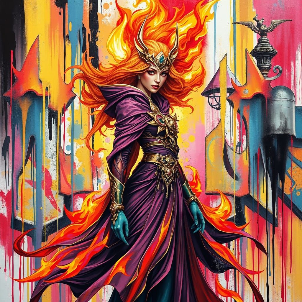 Surreal Princess Embracing Vibrant Graffiti Flames
