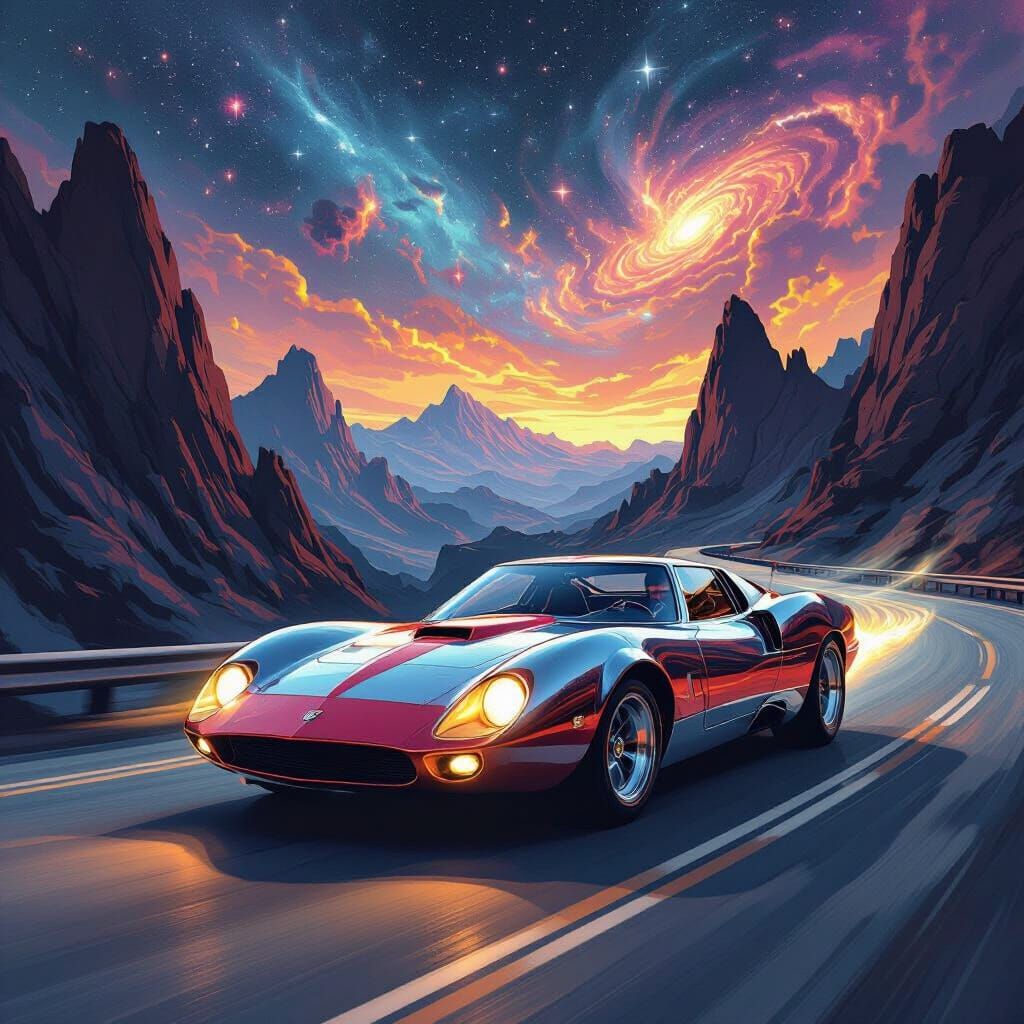 Retro-Futuristic Sports Car Races Under Nebulae Sky