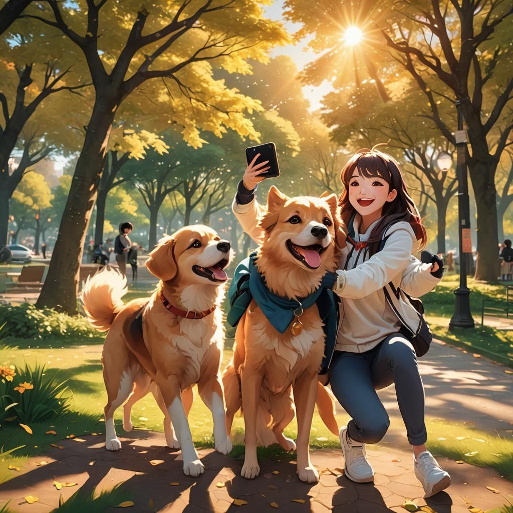 Playful Dog Photobombs Couple in Park: 3D Anime Art