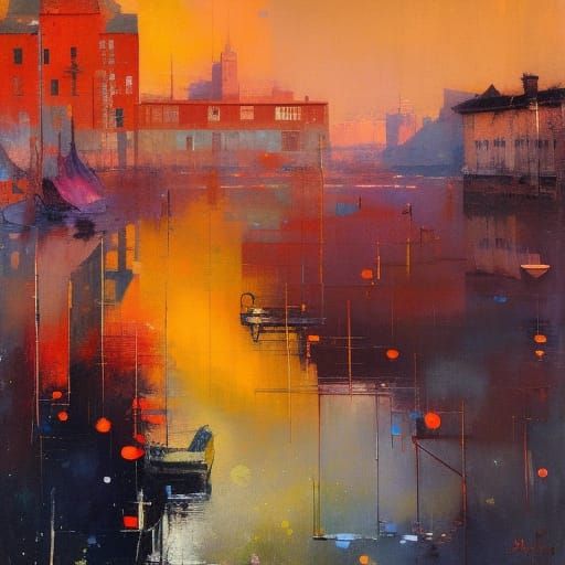 Abstract Fish in Marbled Harbor Scene