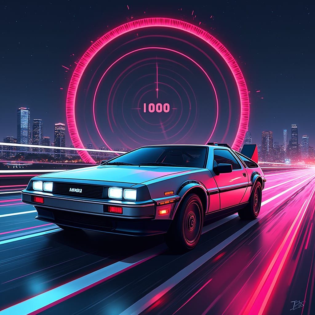 DeLorean Speeding in Neon Retrofuturism Style