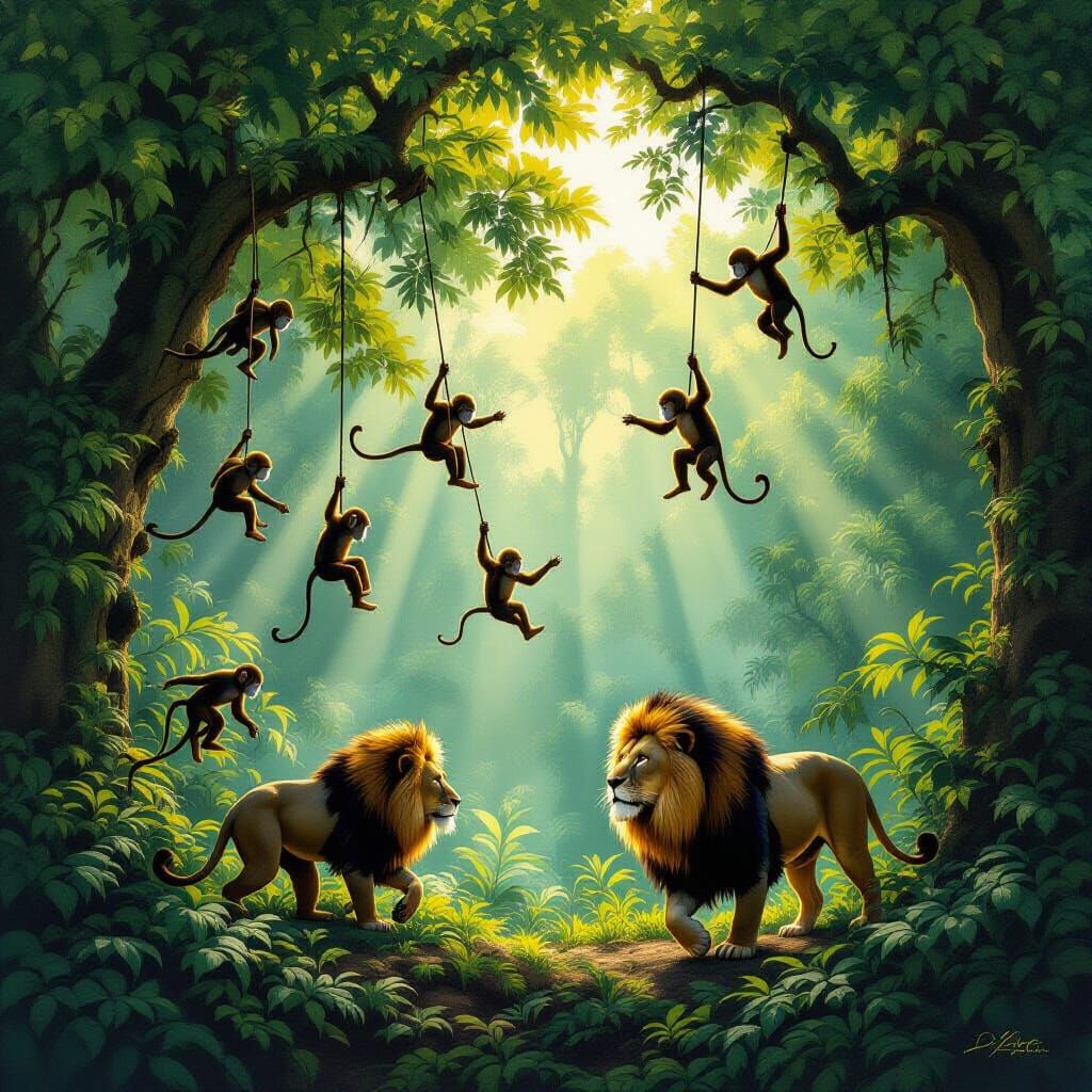 Monkeys and Lion in Lush Forest, Hyperrealistic Digital Pain...