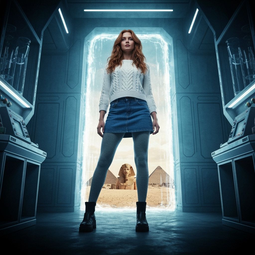 Woman in Lab Gazing at Egypt in Cinematic Film Noir