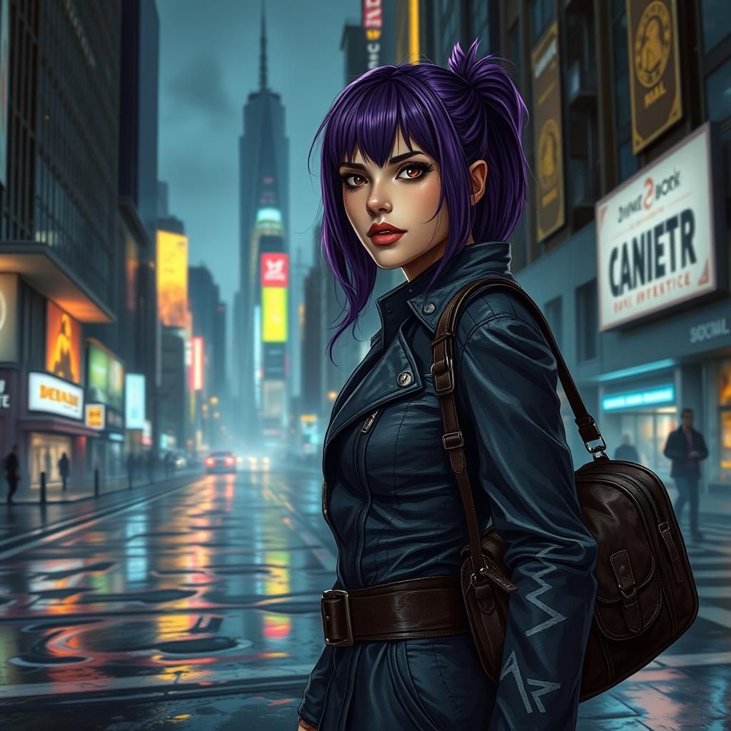 Cyberpunk Female in Dystopian Cityscape, Syd Mead Style