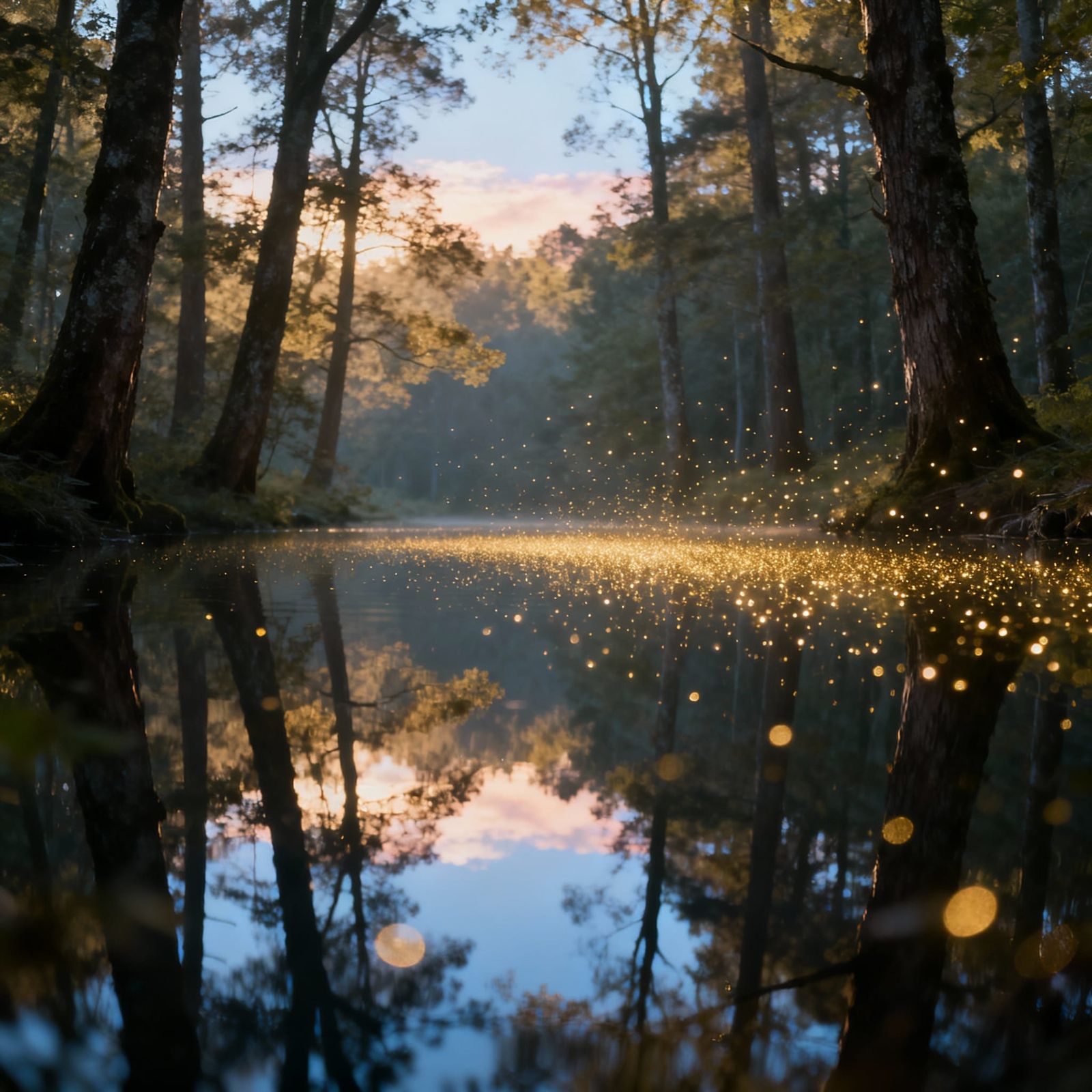 Ethereal Forest Clearing with Reflecting Water and Golden Li...