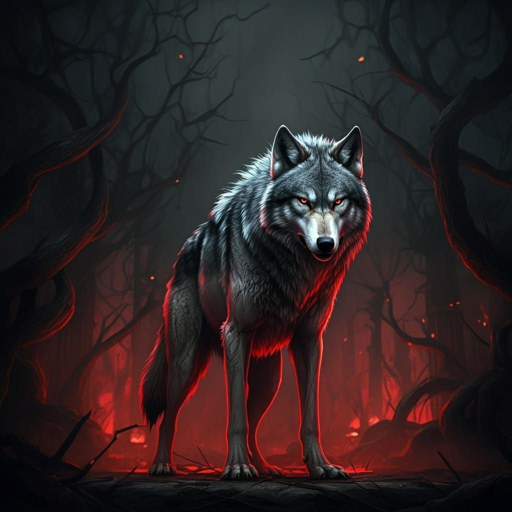Menacing Wolf in Ominous Red Glow: Gothic Horror