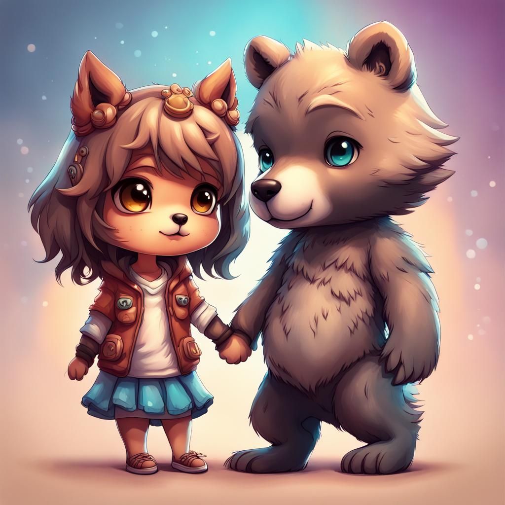 Adorable Chibi Wolf and Bear Holding Hands