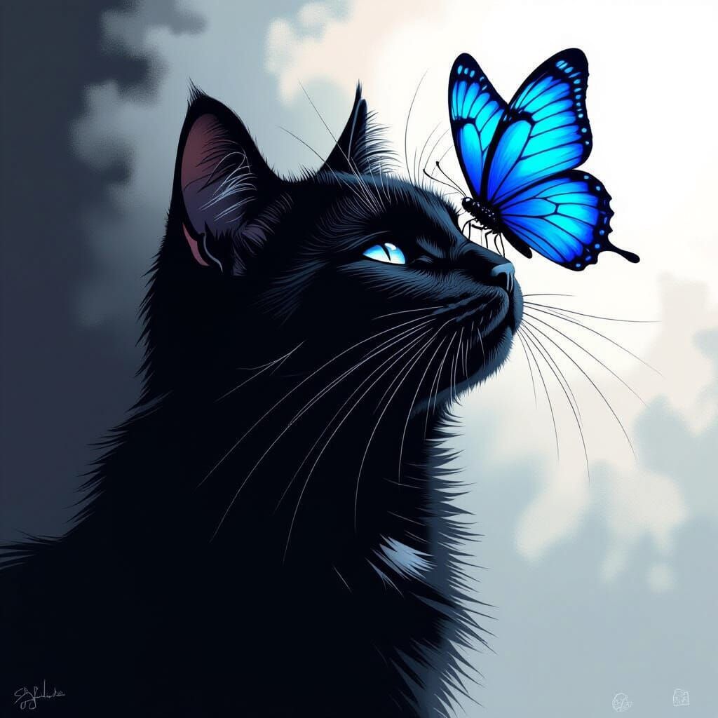 Black Cat with Butterfly, Digital Art