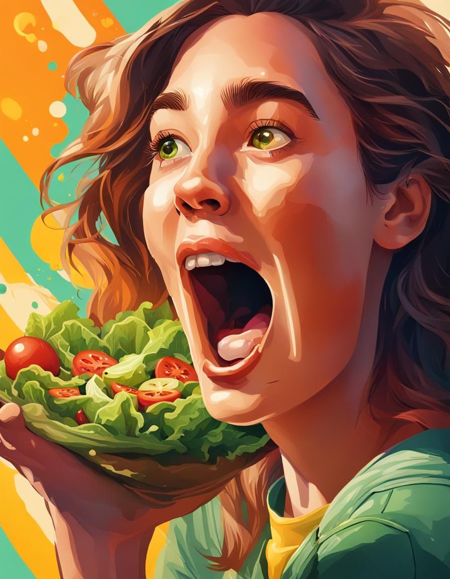Woman Talking with Salad, Hyperrealistic Splash Art