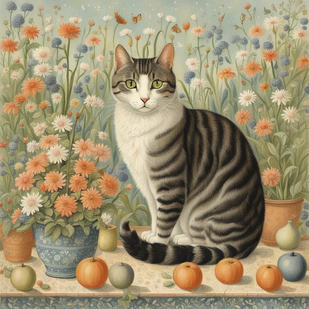 Vintage Cat Illustration in Botanical Art Style