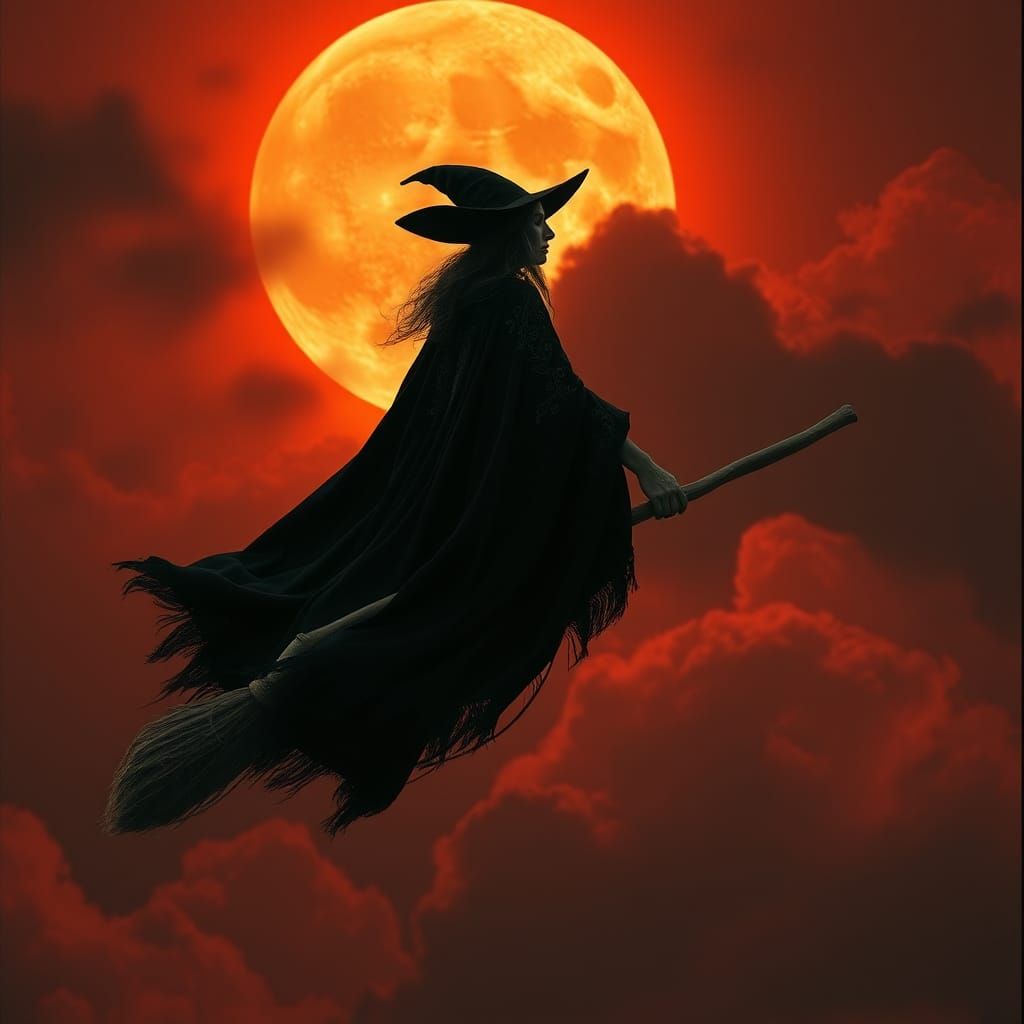 Witch Soaring Under Harvest Moon in Cinematic Style