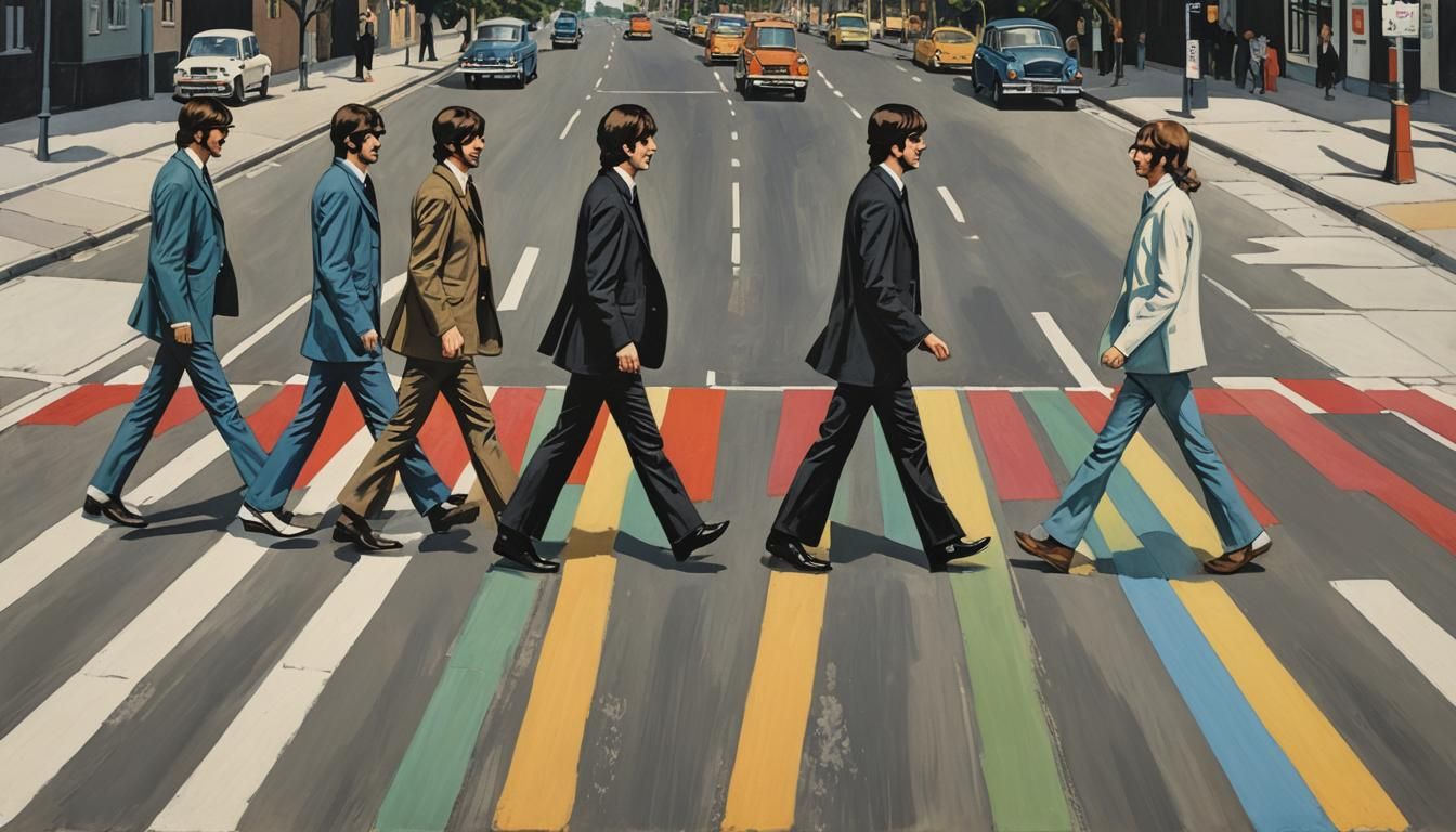 the beatles walking a  rainbow colored pedestrian crossing