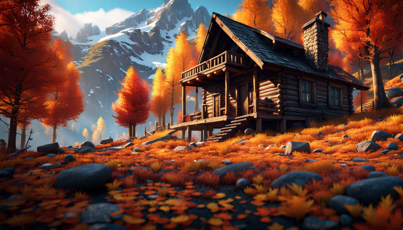 Autumn Cabin in Mountains: Hyperrealistic Game Scene