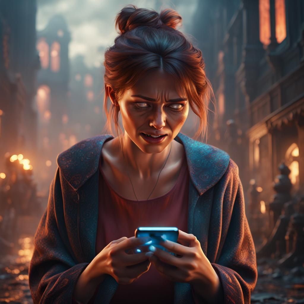 Sad Woman Watching Phone: Fantasy Concept Art