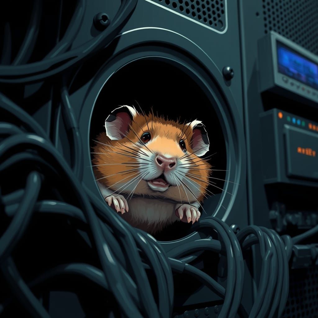 Cyberpunk Hamster Emerging from Server Vent with Mischief