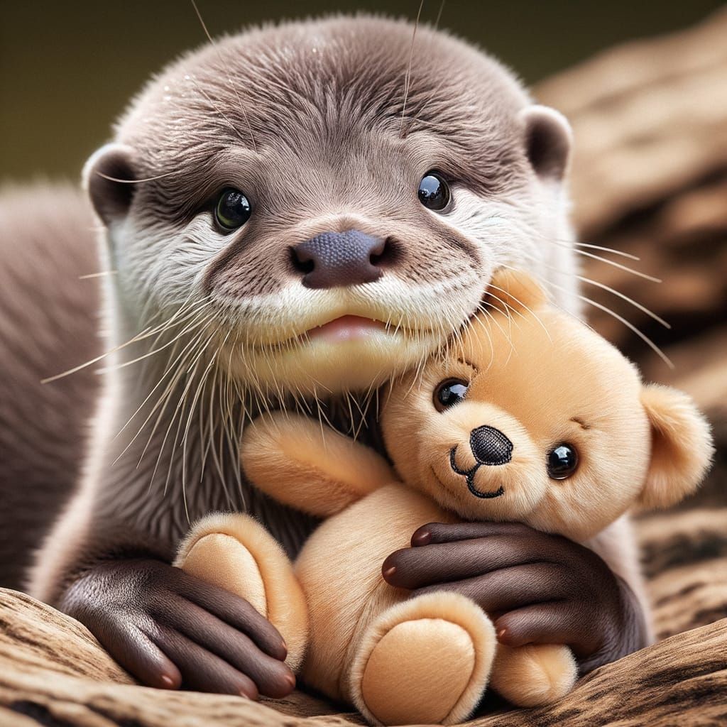Infant Otter Cuddling a Teddy Bear