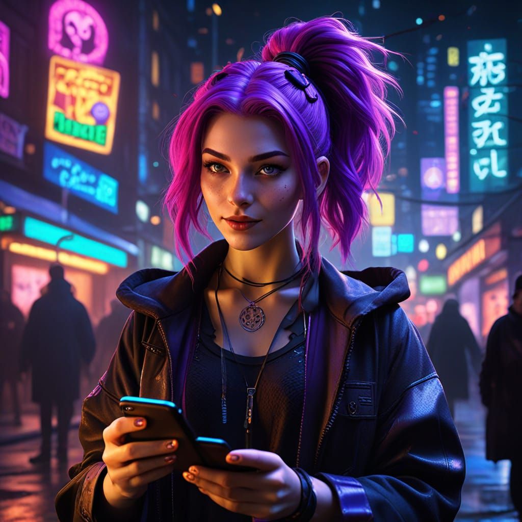 Modern Witch Casts Spell With Smartphone in Neon City