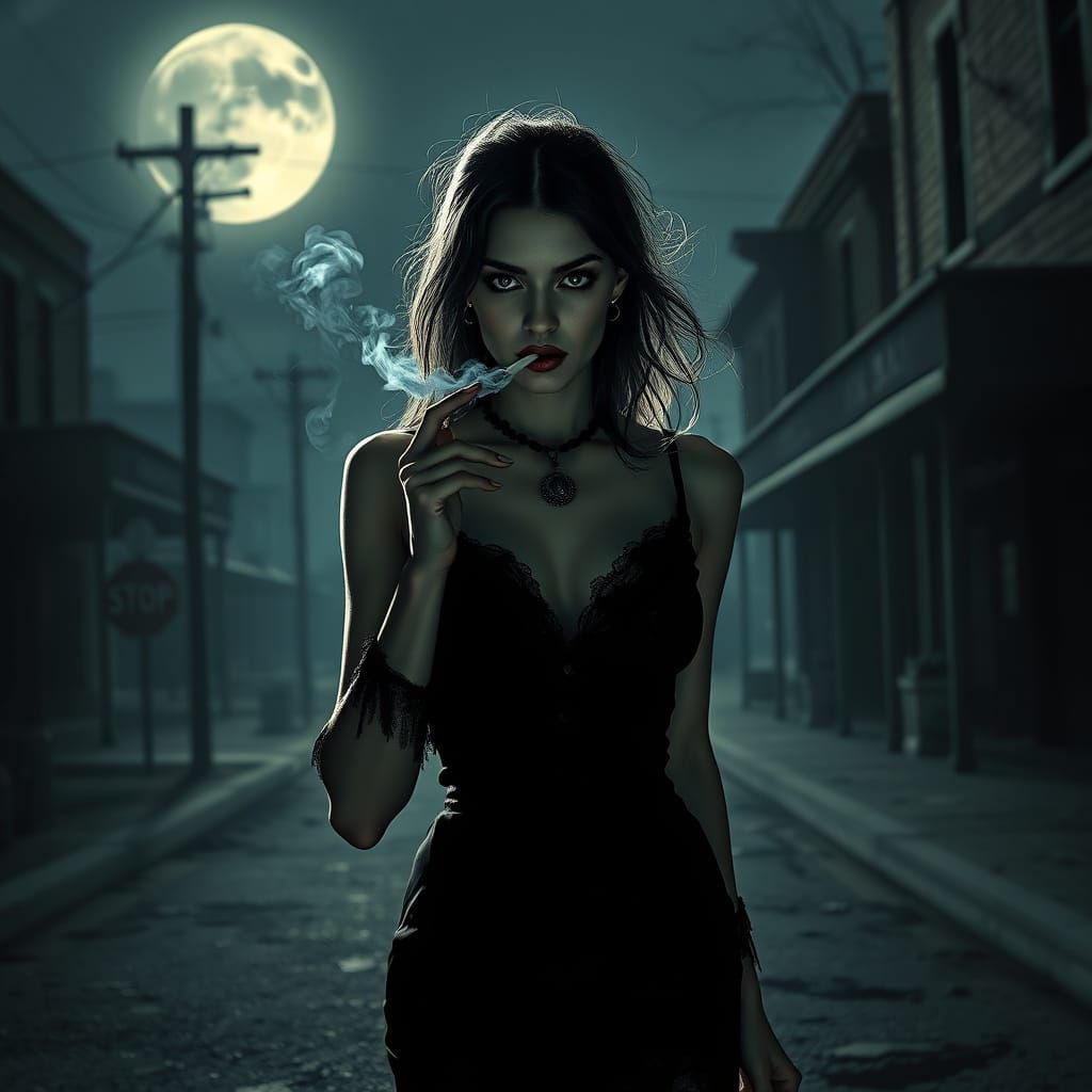 Gothic Vampire Woman in Moonlit Ghost Town