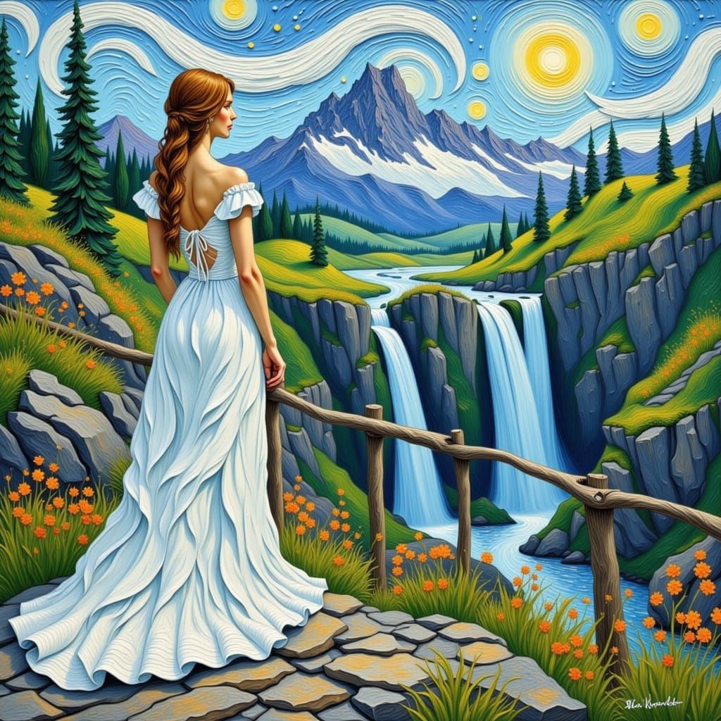 Queen at Waterfall in Van Gogh Style