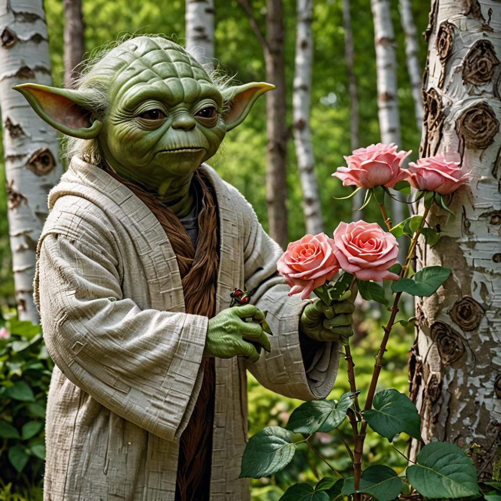 Yoda-Chewbacca Hybrid in Hyperrealistic Rose Garden