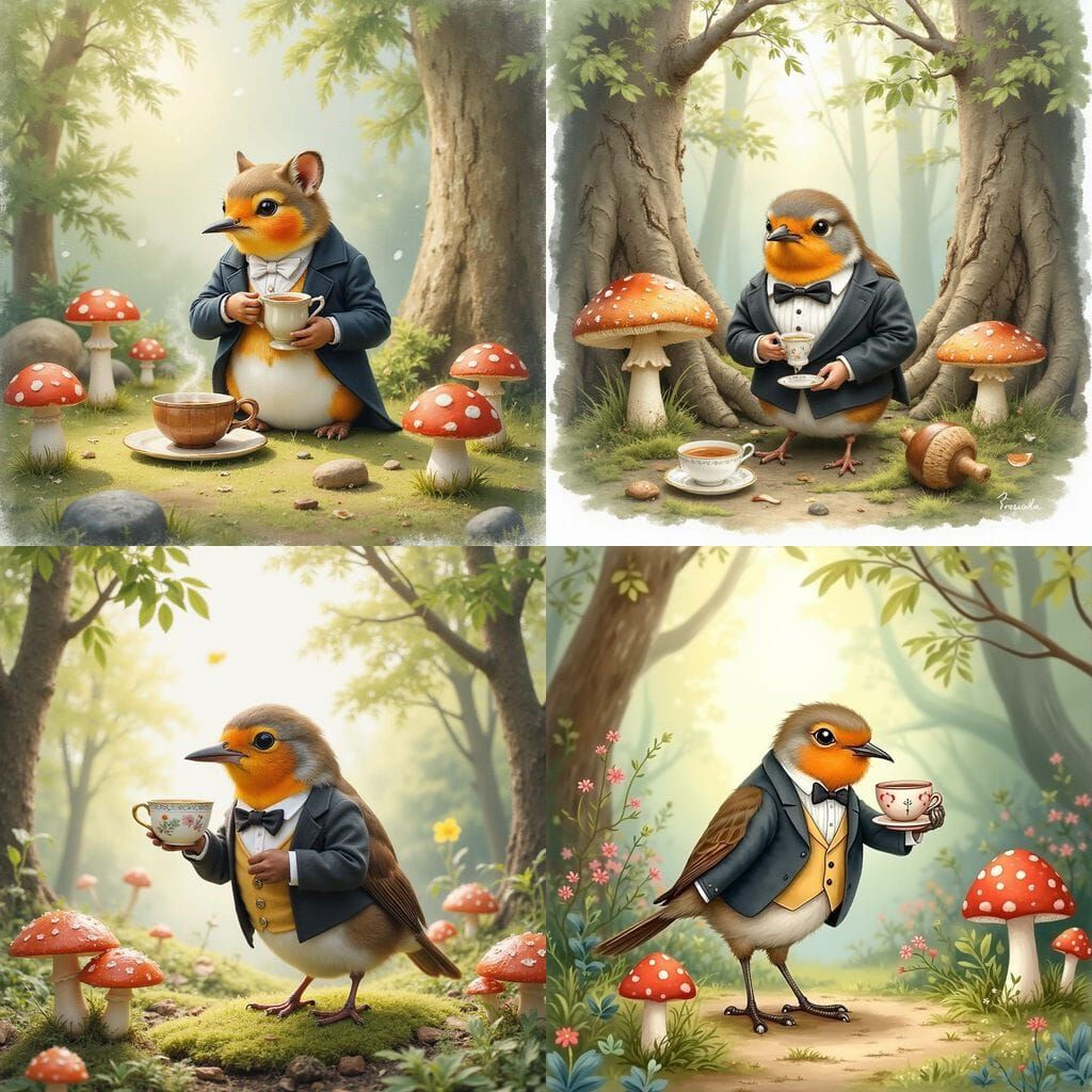 Robin in Tuxedo Having Tea, Watercolor Illustration