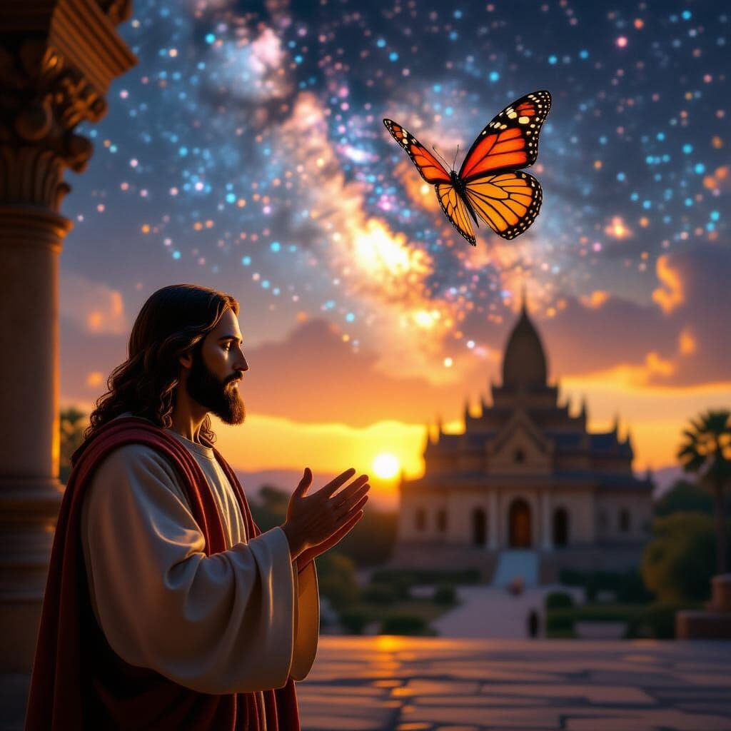 Jesus Preaching Under Galactic Butterfly