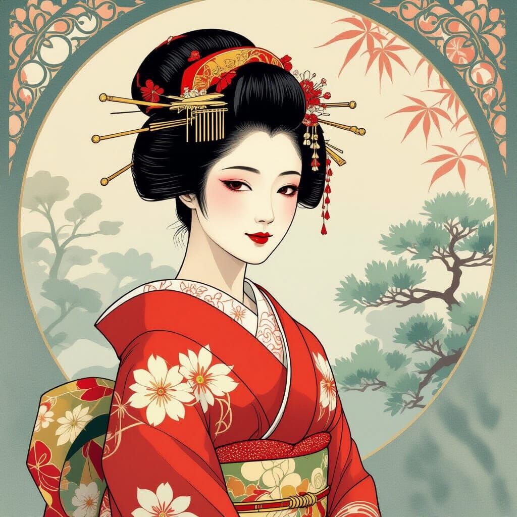 Geisha in Kimono, Alphonse Mucha Inspired Watercolor