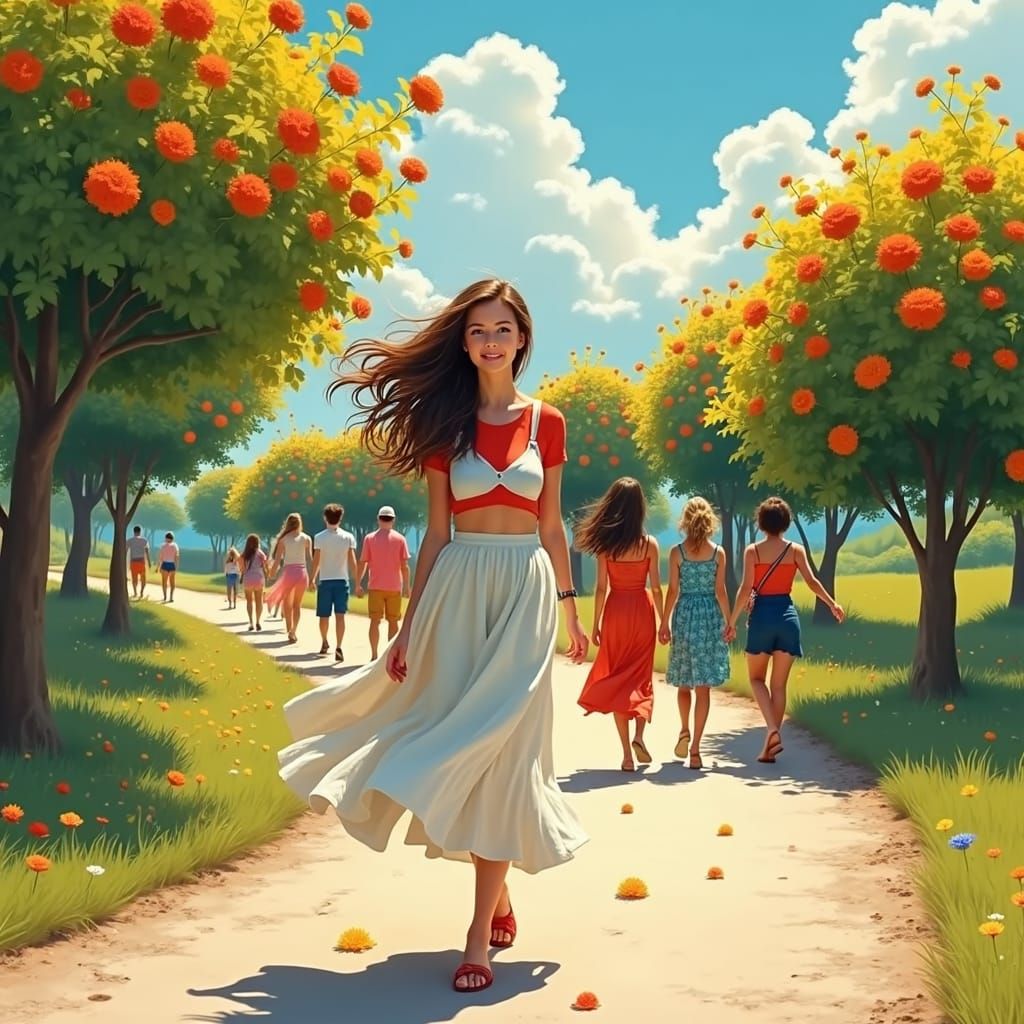 Friends Walking on Floral Roadside in Dreamy Style