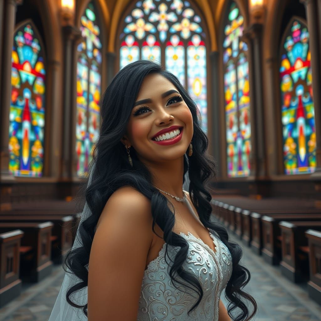 Radiant Bride's Joyful Laughter in Grand Church