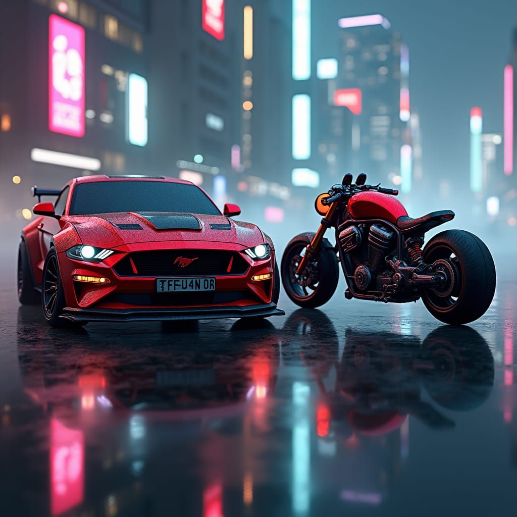 Sci-Fi Ford Mustang and Motorcycle in Cyberpunk Style