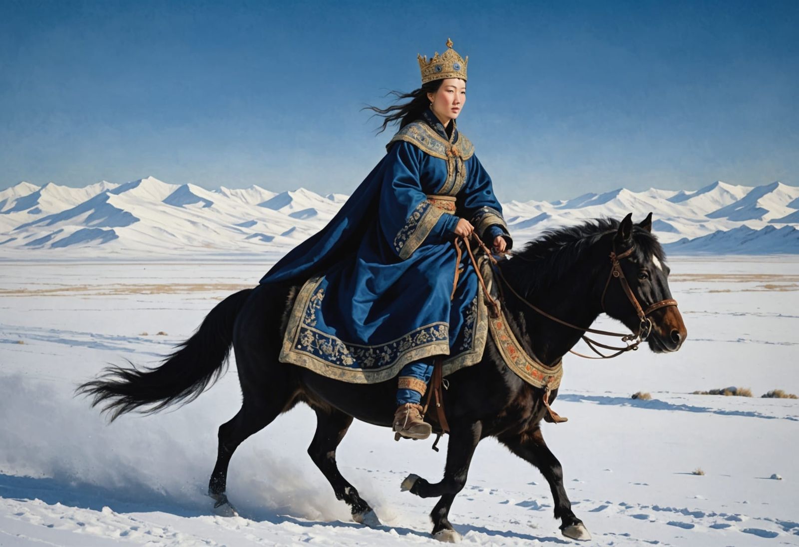 Mongol Princess Rides Through Snowy Steppe in Classic Style