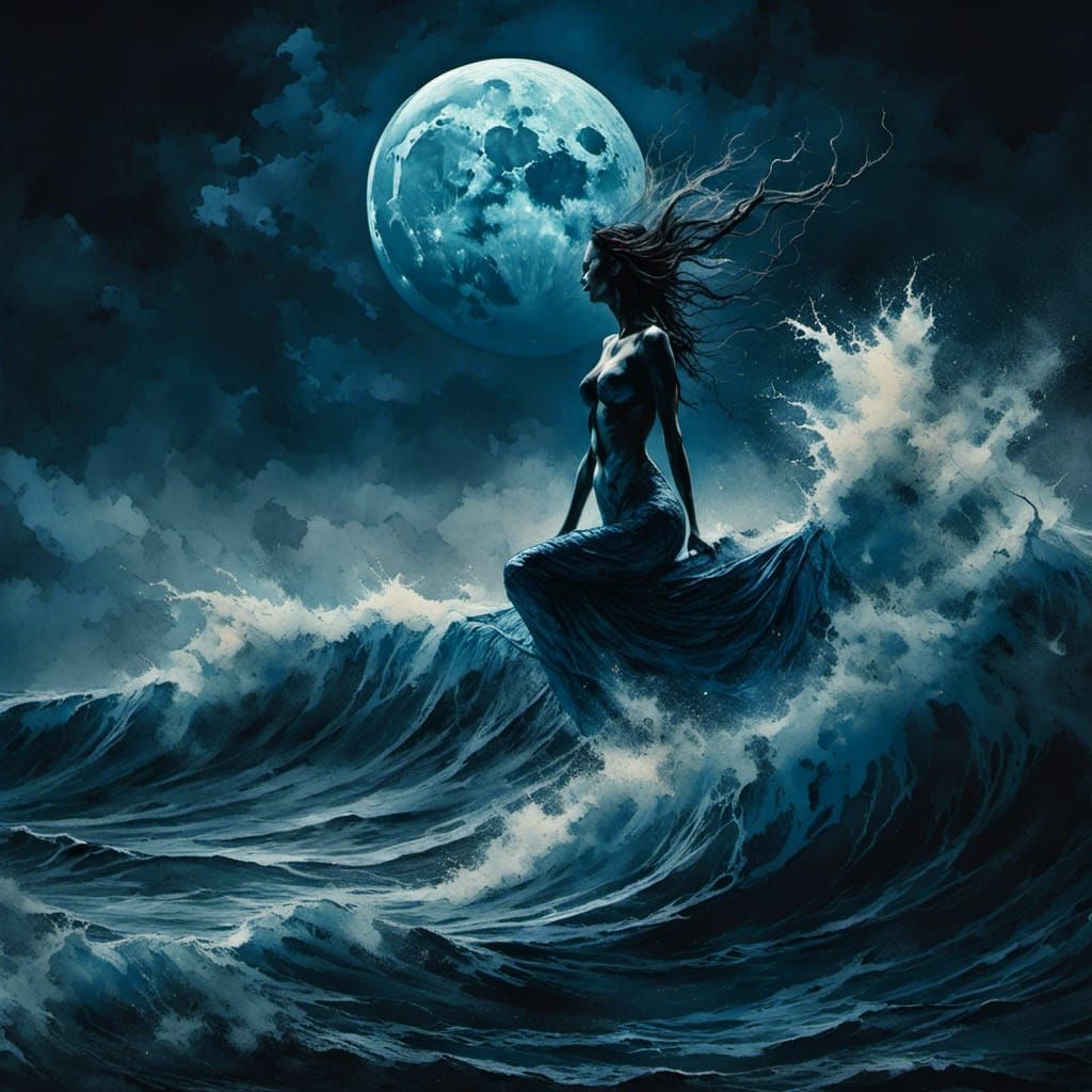 Voluptuous Mermaid Silhouette Under Blue Moon, Hyperrealisti...