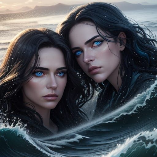 Intense Female Gaze Amidst Stormy Seas