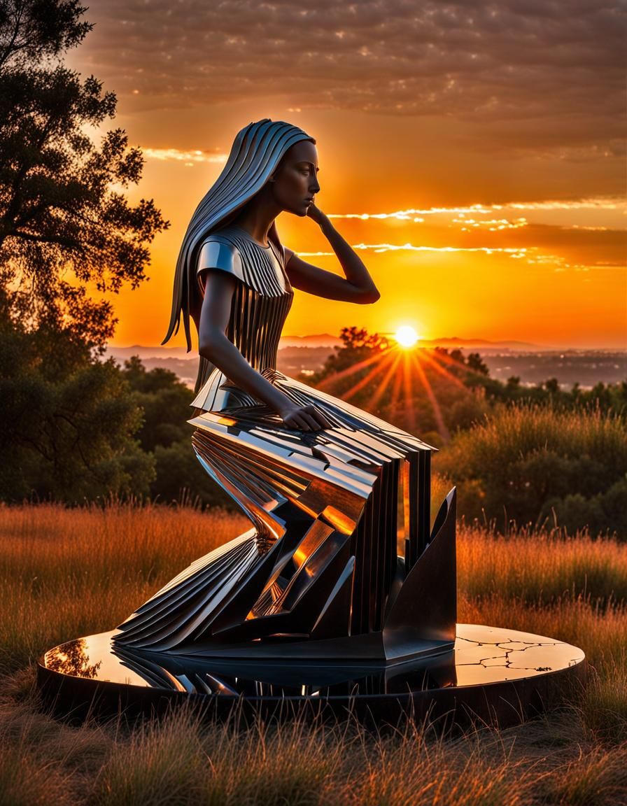 Surreal Sculpture: Woman, Sunset, and Mythological Creatures