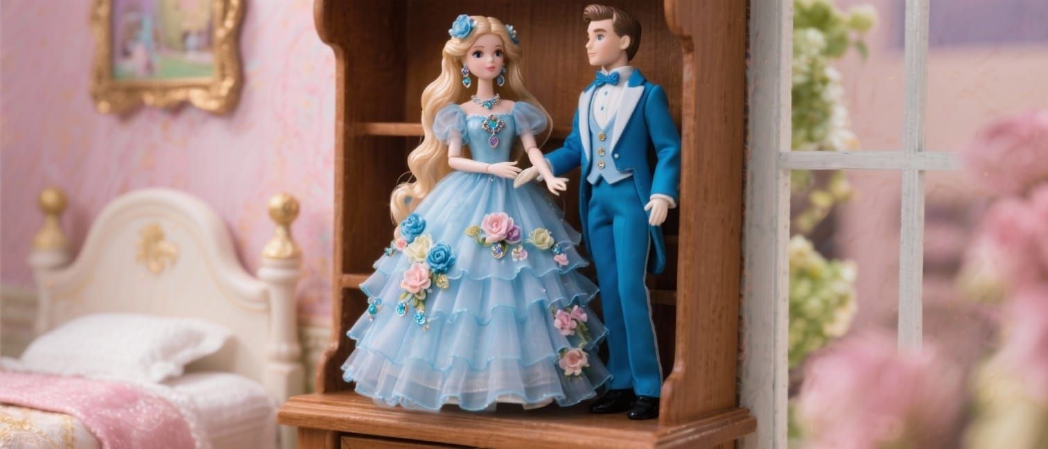 Porcelain Dolls in Blue Attire on Wooden Shelf