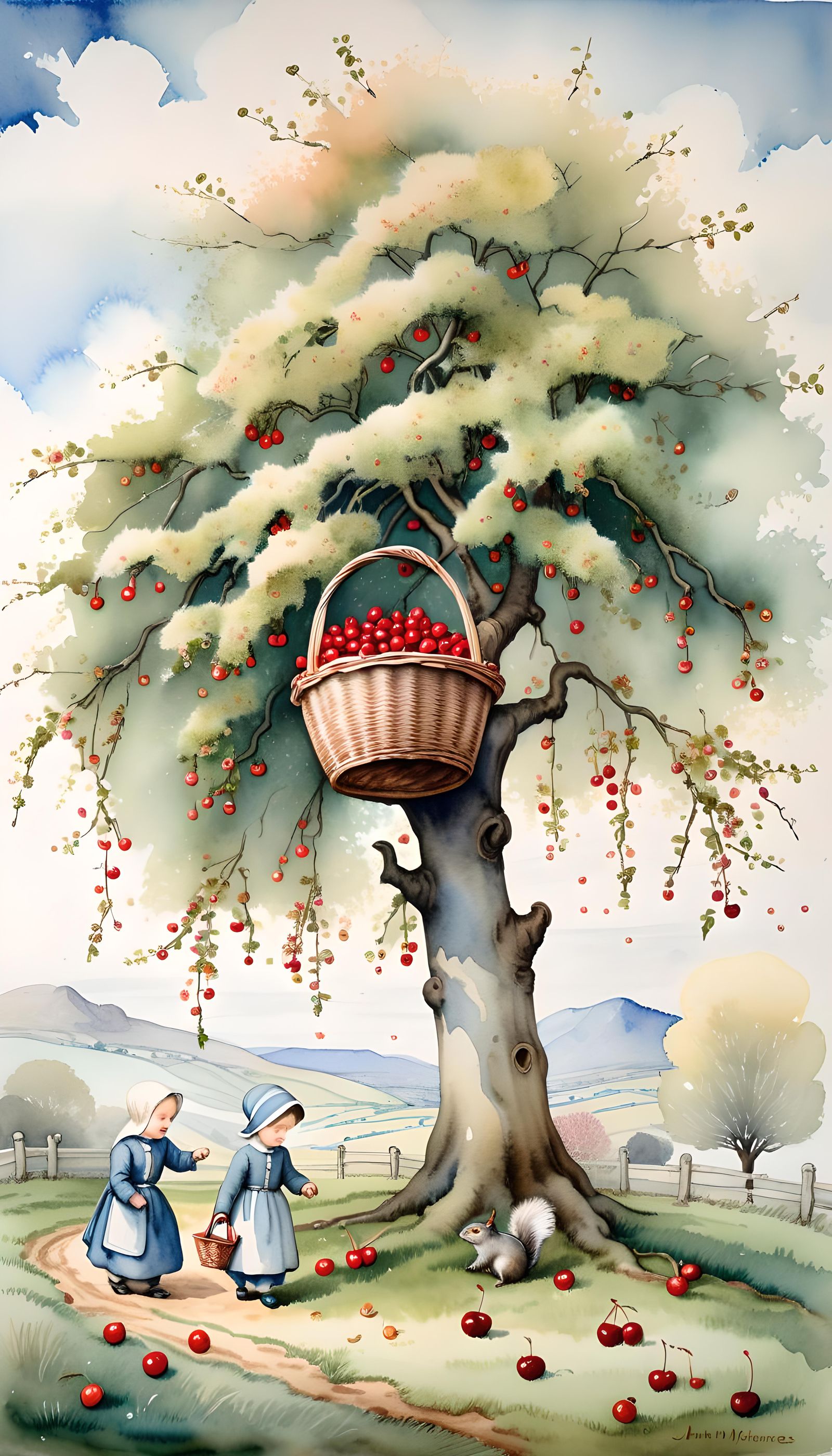 Squirrel Harvesting Cherries: A Whimsical Watercolour Painti...