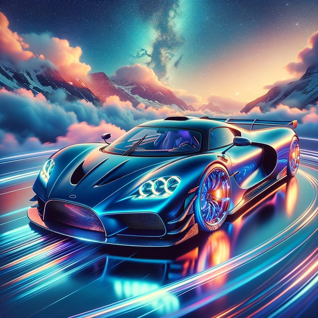 Luxury Car on Cosmic Loop in Vivid Digital Art