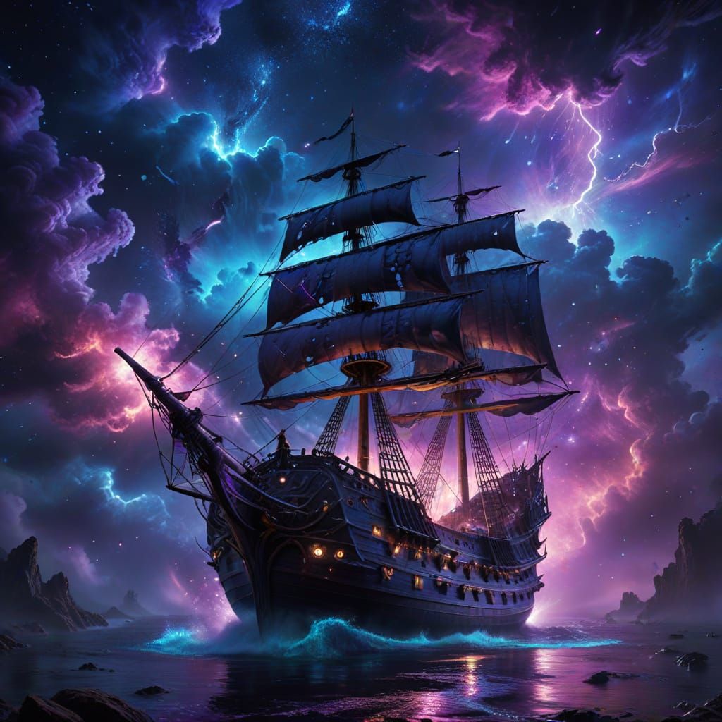 Ethereal Space Pirate Ship Sails Cosmic Nebula